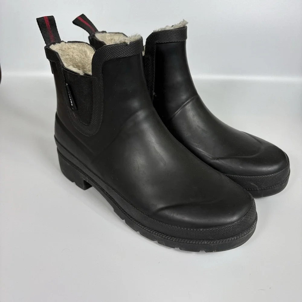 Tretorn Lina Black Waterproof Chelsea Ankle Rain Boots Womens 6 M Faux Fur Lined